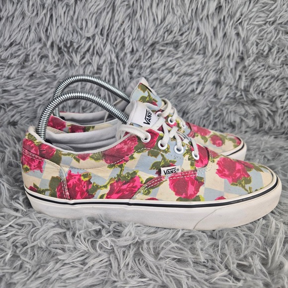 Vans Floral Rose Checkerboard Sneakers Women 9 Pink Blue Low Top Skate Shoes - Picture 2 of 9